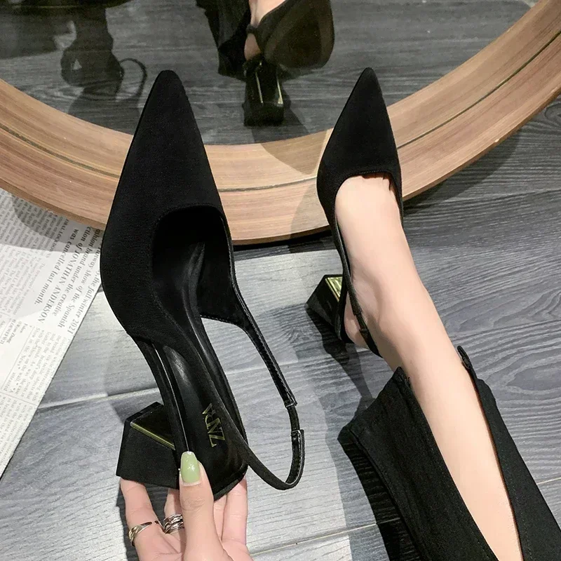 2024 Summer New Fashion Solid Women\'s Pumps Sexy Slingback Shoes for Women Square Heel Suede Pointed Toed High Heel Shoes Ladies