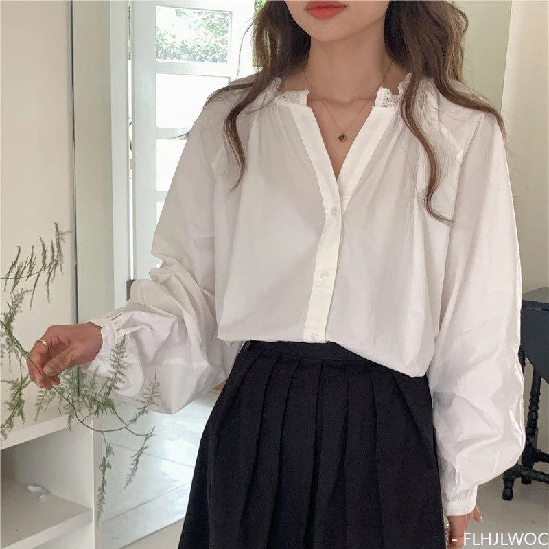 Schattige Zoete Katoenen Tops Blouses Korea Kleding Voor Vrouwen Herfst Gewaad Casual Losse Vrouwen Lange Mouw Single Breasted Shirts