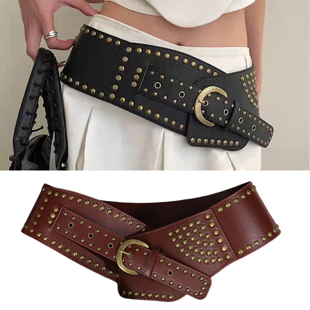 

2024 Punk Womens Corset Belt Rivet Asymmetric Faux Leather Wide Waist Belt Hollow Out Dress Decorative Concave-shaped Waistband