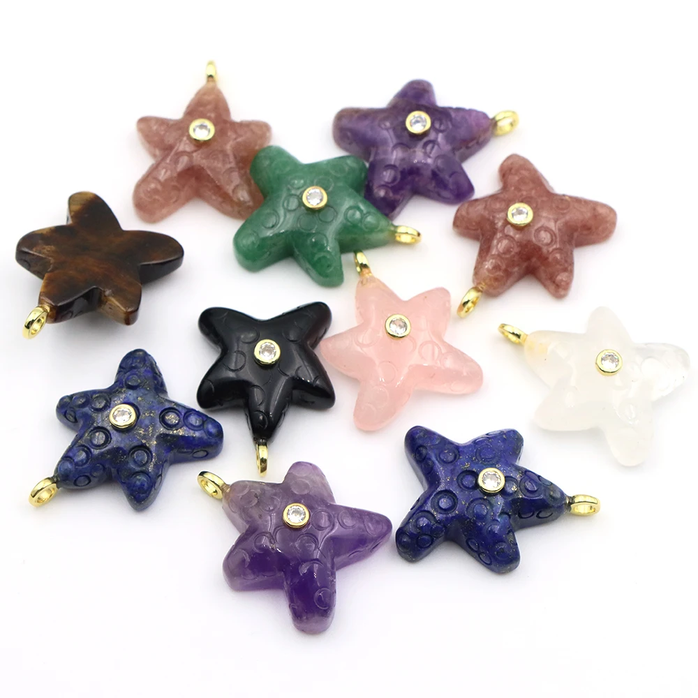 Natural Stone Starfish Pendant 25mm with White Zircon Ocean Style Charm for DIY Jewelry Necklace Making Accessories Findings Sup