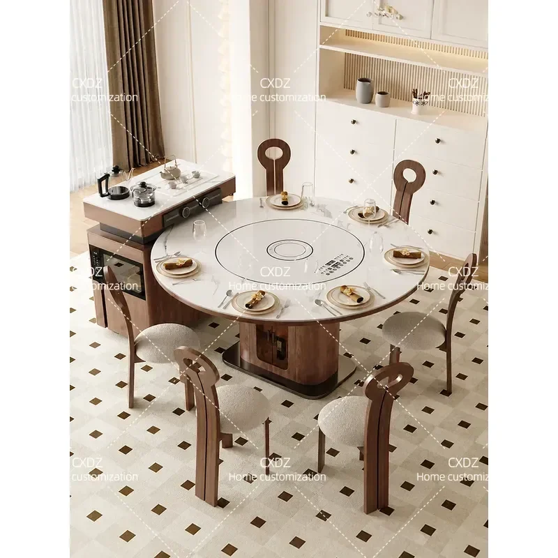 New Chinese Style Island Rock Slab Tea Table Dining Table Separable Round Table with Induction Cooker and Turntable