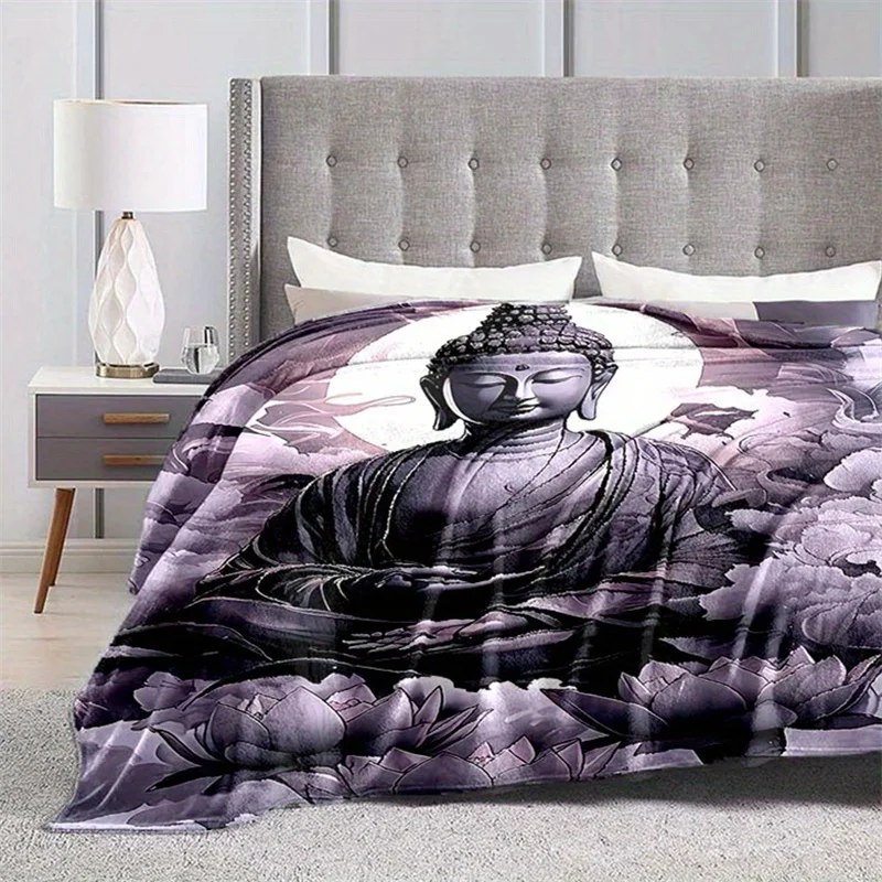 Customize 1pc Buddha Printed Blanket - Soft Lightweight Polyester Throw with Intricate for Lotus & Floral Design, All-Season Com