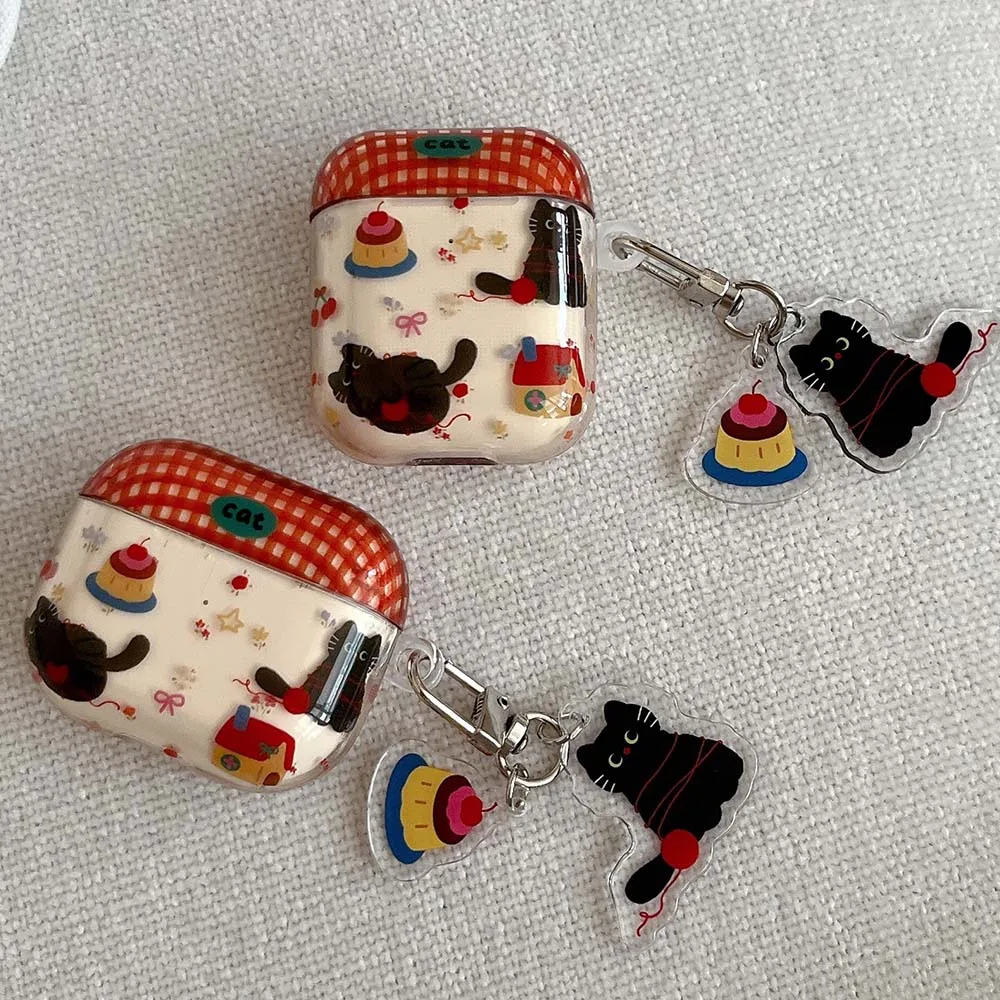 Für AirPods 5 4 2 3 1 Generationen Transparente Schwarze Katzen-Kuchen-Hülle mit Schwarzer Katzen-Kuchen-Schlüsselanhänger für AirPods Pro 2 Pro3 Weiche Hülle