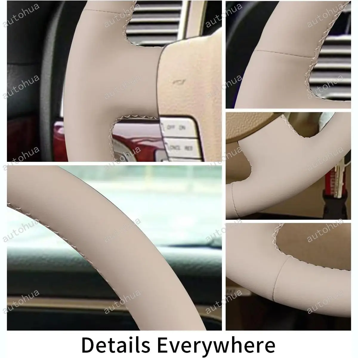 غطاء عجلة القيادة مخيط يدويًا لسيارة لينكولن 2003 طيار غير قابل للانزلاق وجيد التهوية من الجلد المصنوع من الألياف الدقيقة ملحقات السيارة الداخلية