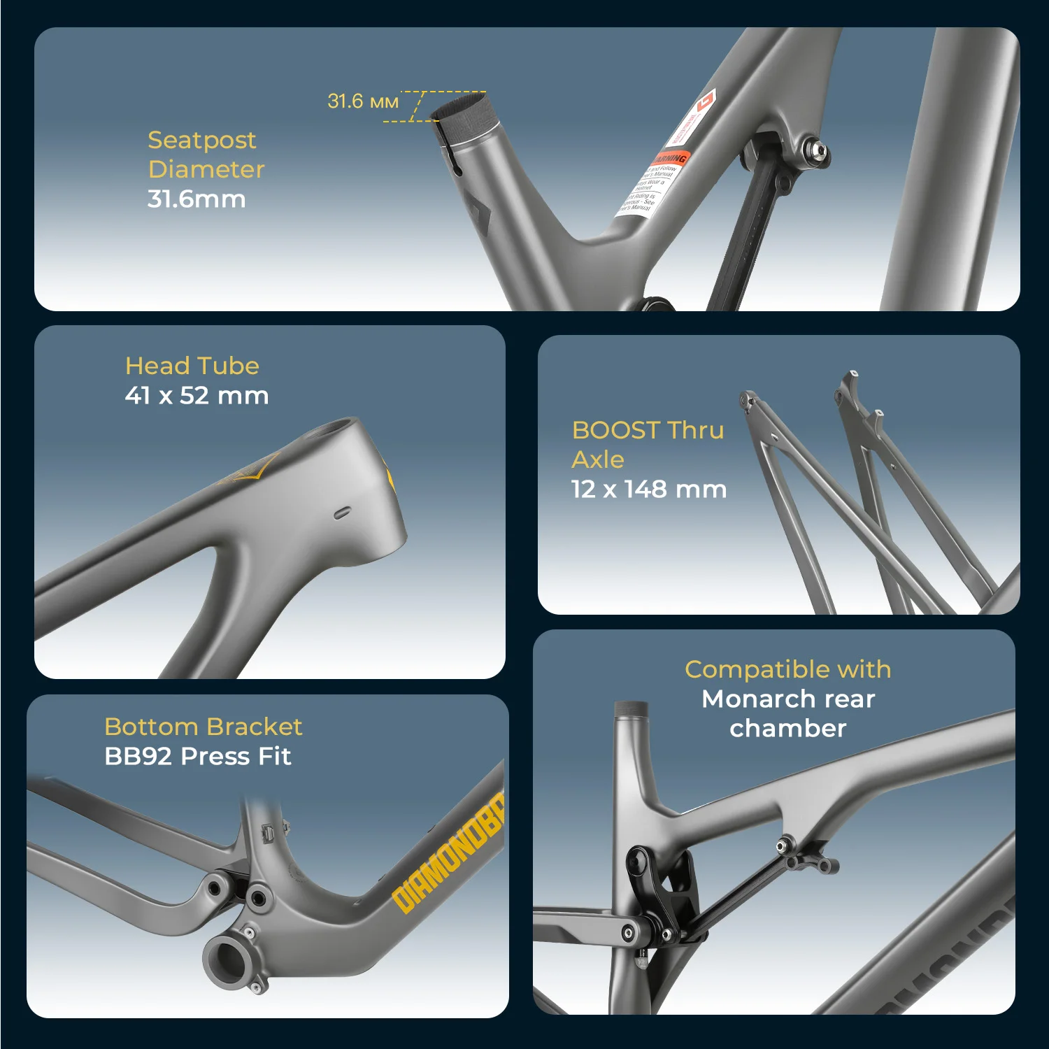 Diamondback Yowie Full Carbon MTB Frame T800 29ER AM Boost 12x148mm Disc Brake Internal Cable Routing Carbon Bicycle Frame