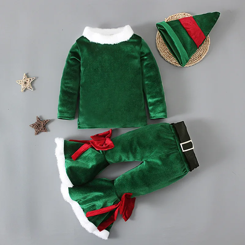 Green Elf Girls Christmas Costume Festival Santa Claus for Kids New Year Children Clothing Set Hat +Top +Pants Xmas Party Outfit