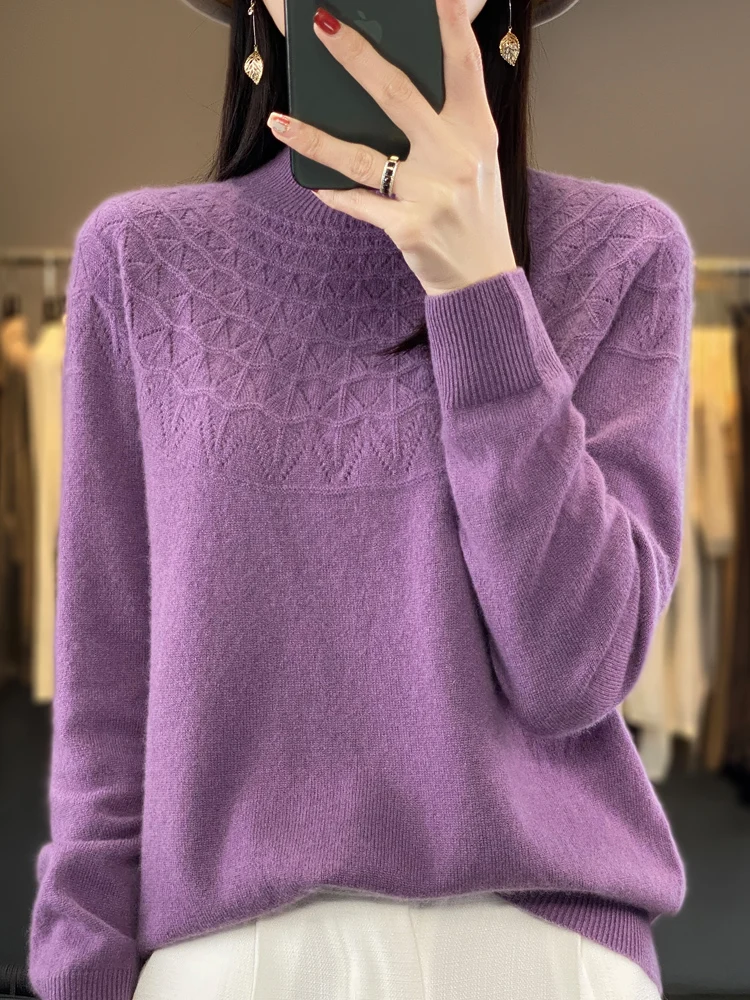 Autumn Winter Women Wool Pullover Mock-neck Basic Sweater 100% Merino Wool Hollow Solid Cashmere Knitwear Female Bottoming Shirt