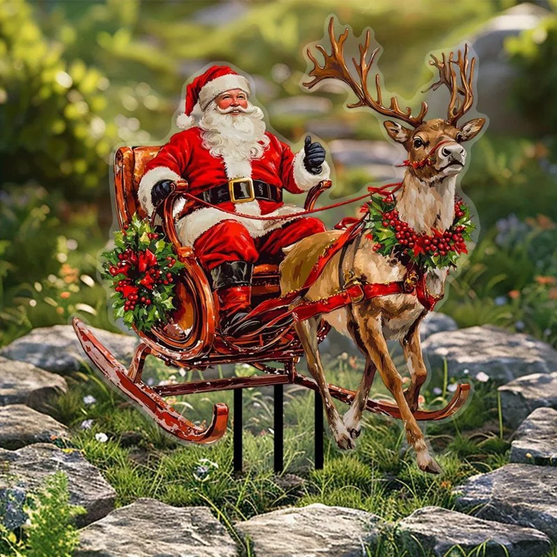 Santa Claus Riding A Reindeer Sleigh To Deliver Gifts Acrylic Outdoor Garden Waterproof Patio Plug