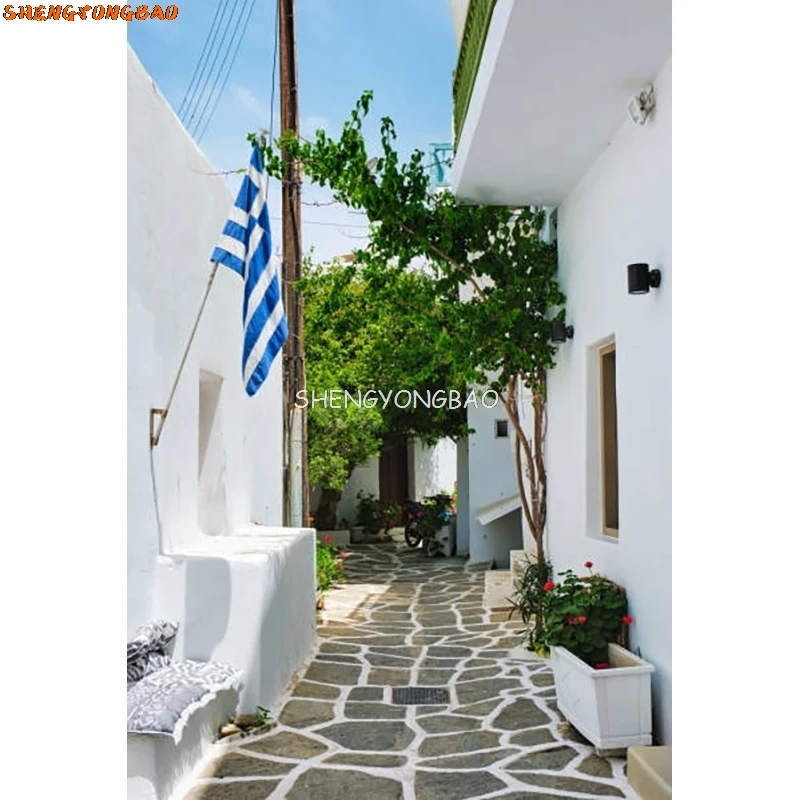 SHENGYONGBAO Santorin grec mer égée vacances fête décoration baie ville Architecture fleurs photographie fond XC-12