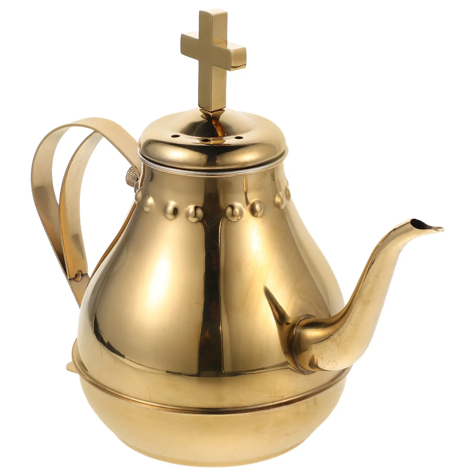 Golden Stainless Steel Communion Pot Cross Embellished Gooseneck Stovetop Kettle for Church Supplies Holy Water Chalice Pot