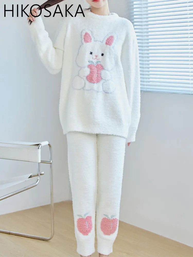 Japanese Kawaii Loungewear Women Love Rabbit Print Soft Fall Winter Pajamas Mujer Coral Wool Thick Warm Plush Homewear Suit