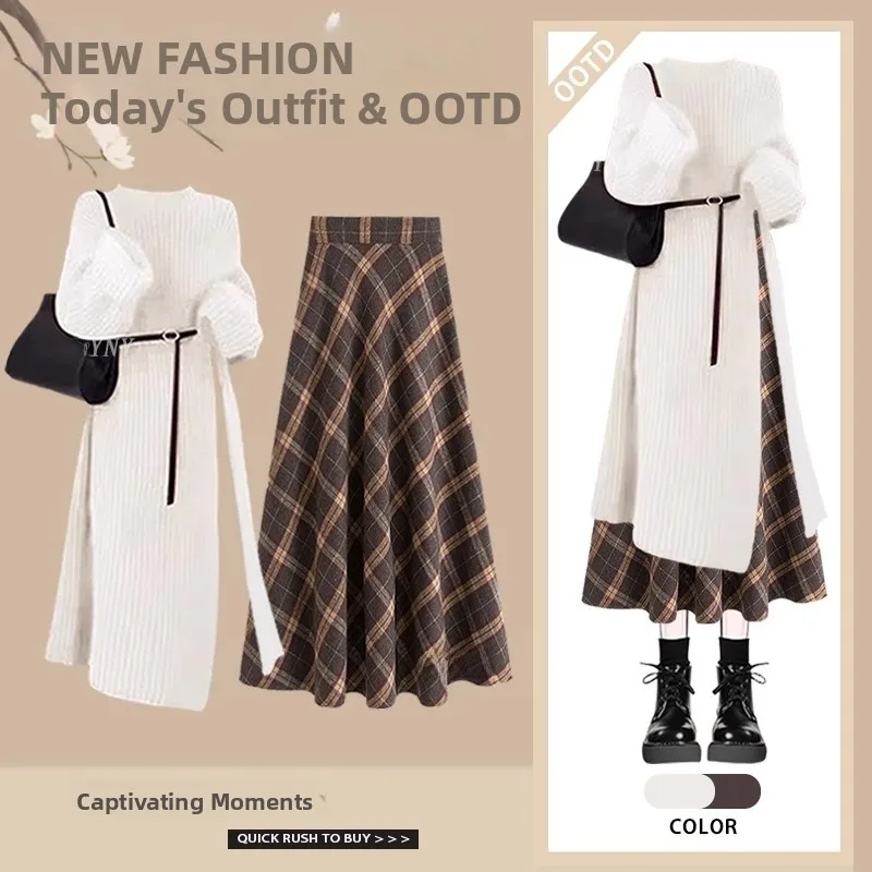 ชุดเซ็ตเสื้อสเวตเตอร์สีแดงสไตล์เกาหลีแบบสบายๆ พร้อมกระโปรงเอวสูงสำหรับผู้หญิง ฤดูใบไม้ร่วง ฤดูหนาว แฟชั่นปีใหม่ ชุดสองชิ้น เสื้อแขนยาว