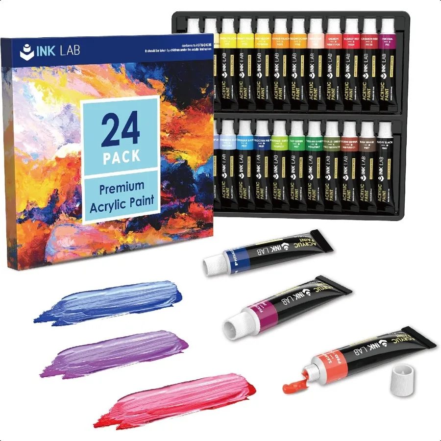 

INK LAB Acrylic Paint Set 24 Tubes Non Toxic Acrylic Craft Paints for Artists Beginners Canvas Wood Painting No Fading Rich Pig