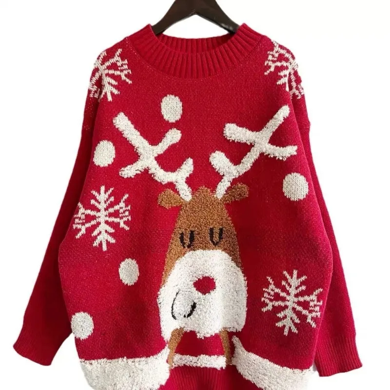 

2025 Autumn and Winter New Christmas New Year Jacquard Deer Sweater Knitted Sweater Top Elk Embroidery Crew Neck Red