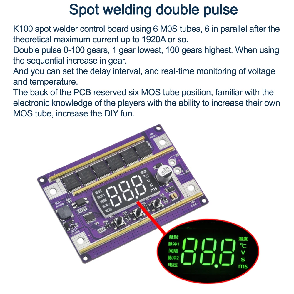 K100 90A~180A Spot Welder Control Board Adjustable Double Pulse LED Digital Display Spot Welder Main Board DC 9V~16V