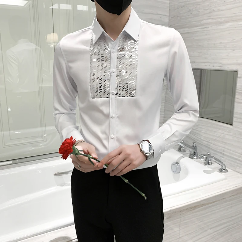 New Design Shirt Man White Black Long Sleeve Tuxedo Shirts Front Sequins Dress Slim Fit Top Clothes Wedding Party Dance Blouse