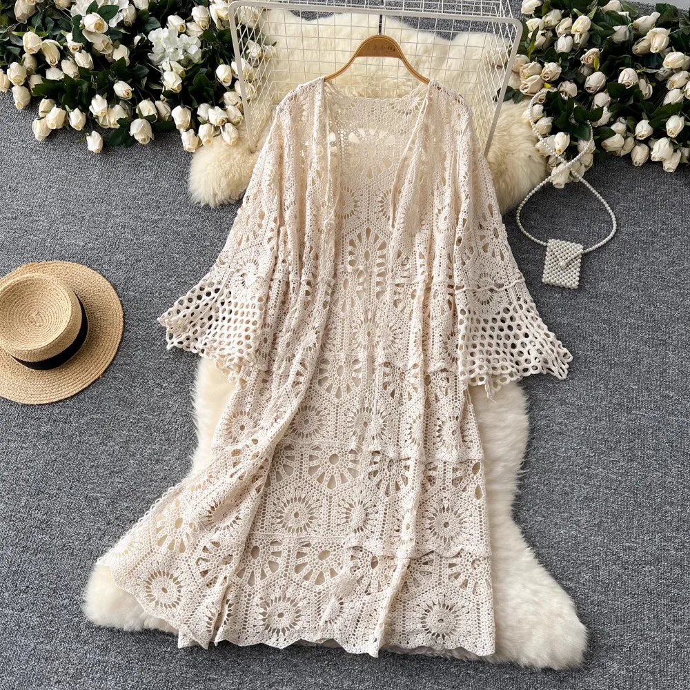 Women Sweet Hollow Out Hook Flower Long Sleeve Cardigan Vintage Elegant Korean Fashion Knitwear Loose Beach Casual Clothing