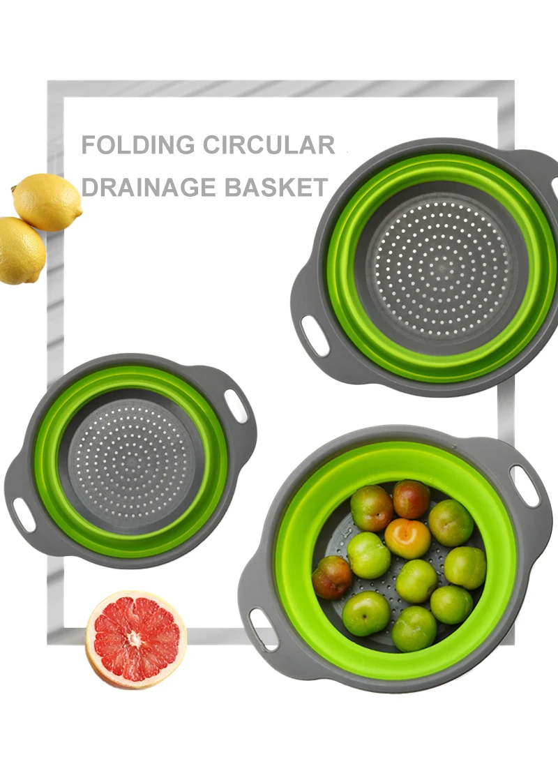 1/2 stücke Silikon Runde Falten Gemüse Obst Waschen Ablauf Korb Sieb Sieb Zusammenklappbare Abtropffläche Küche Werkzeug – Detail 5