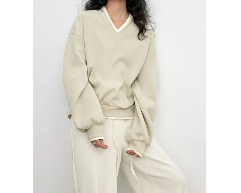 Retro Contrasting Color Temperament Lazy Style V-neck Hoodie Autumn and Winter with Thick Velvet Women's Top