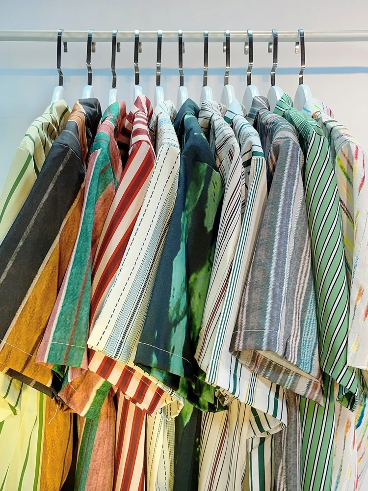 

Summer Vintage Japanese Striped ort Sve Loose Casual irt ex Hong Kong Sle Design Versatile Soft Glossy Polyester