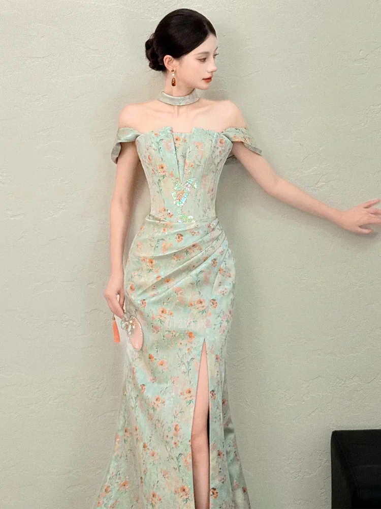 Elegancka sukienka wieczorowa z odkrytymi ramionami, w kwiaty, damska, syrenka, do ziemi, sukienki celebrytek, szyte na miarę, luksusowe, długie sukienki na studniówkę