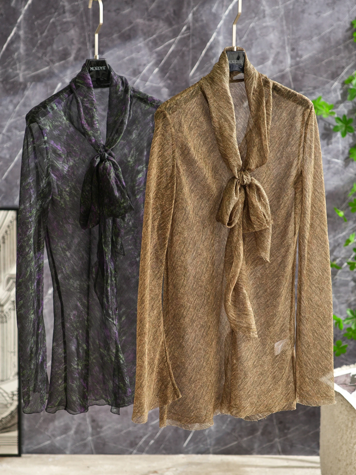 

Элегантная шелковая блузка с узлом, длинный рукав, летний топ для женщин, оригинальный дизайн, прямой крой, дышащая тонкая ткань