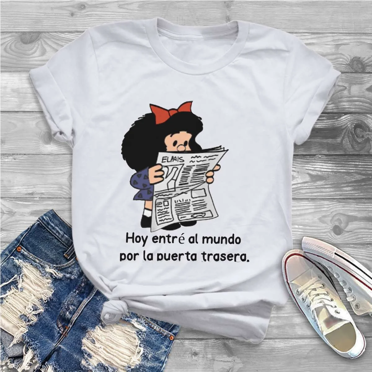 

Read Newspaper Women's T-irt Malda Quino Comics Manga Girl Long Sve High Collar Super Slim Fit Youth Faion Summer 205