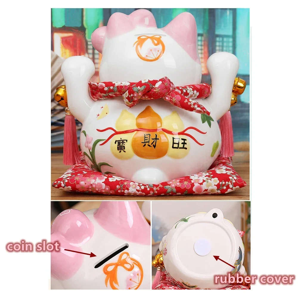 Japanese Ceramic Maneki Neko Lucky Cat Statue Porcelain Pink Fortune Cat Money Box Auspicious Fengshui Ornament Home Decoration