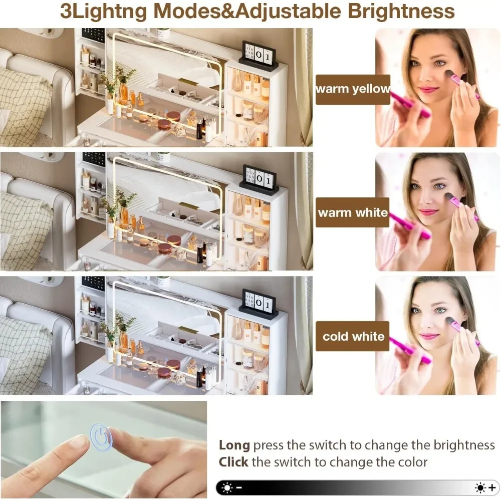 Meja Rias Rias dengan Cermin, 5 Laci, Penyimpanan Geser Perhiasan Terpasang Di Dinding, 3 Rak, Meja Rias Besar Atas Kaca Modern