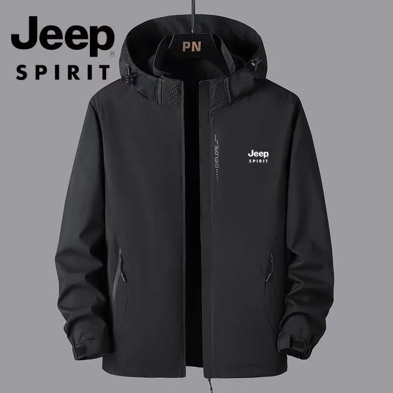 Jeep Spring and Autumn Men's Outdoor Thin Jacket Hooded Waterproof Windproof Coat Outdoor Cycling Mountaineering Clothing