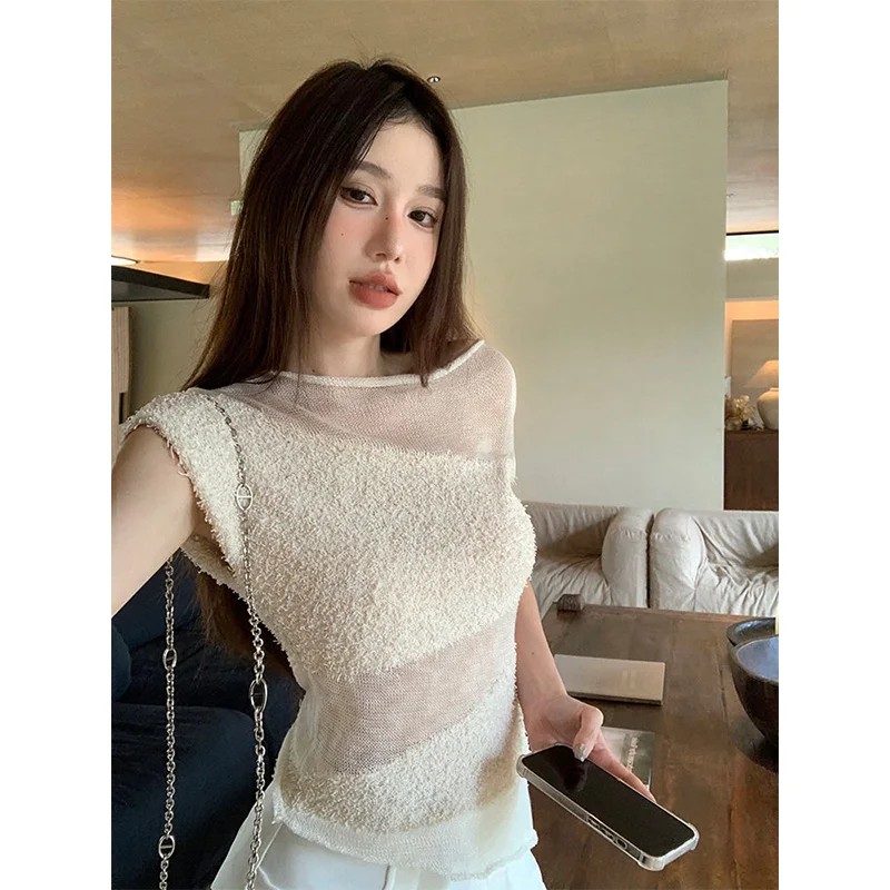 

Summer New Chic Patchwork Perspective Thin Knitted Tops Women Elegant Slim Solid Color Slash Neck Tanks