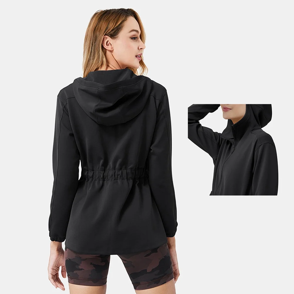 Yoga hoodie with logo women fall/winter coat cover hip cardigan zip long sleeve stand collar windproof jacket slim trench coat