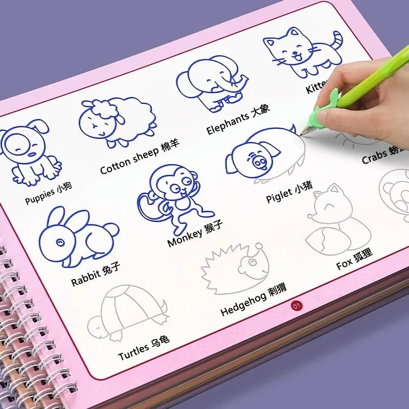 Copybook Mágico Reutilizável para Crianças, Brinquedos de Desenho, Montessori, Controle de Caneta, Treinamento, Escrita, Adesivo, Aprendizagem Educacional