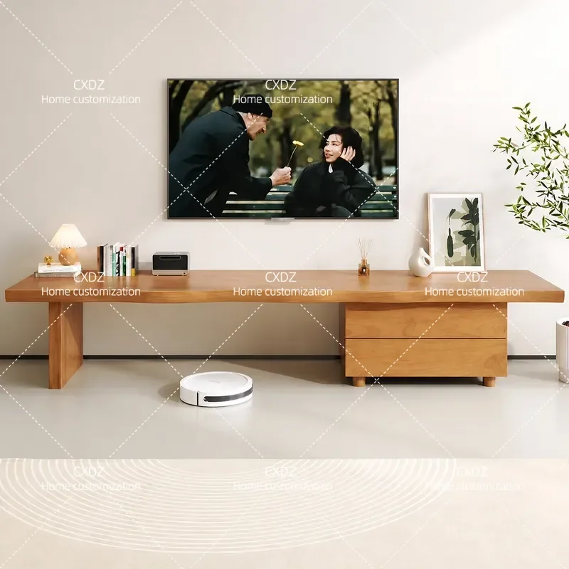 Solid Wood TV Cabinet Japanese Style Log Floor Storage Unit for Small Apartment Living Room Nordic Industrial Design Home