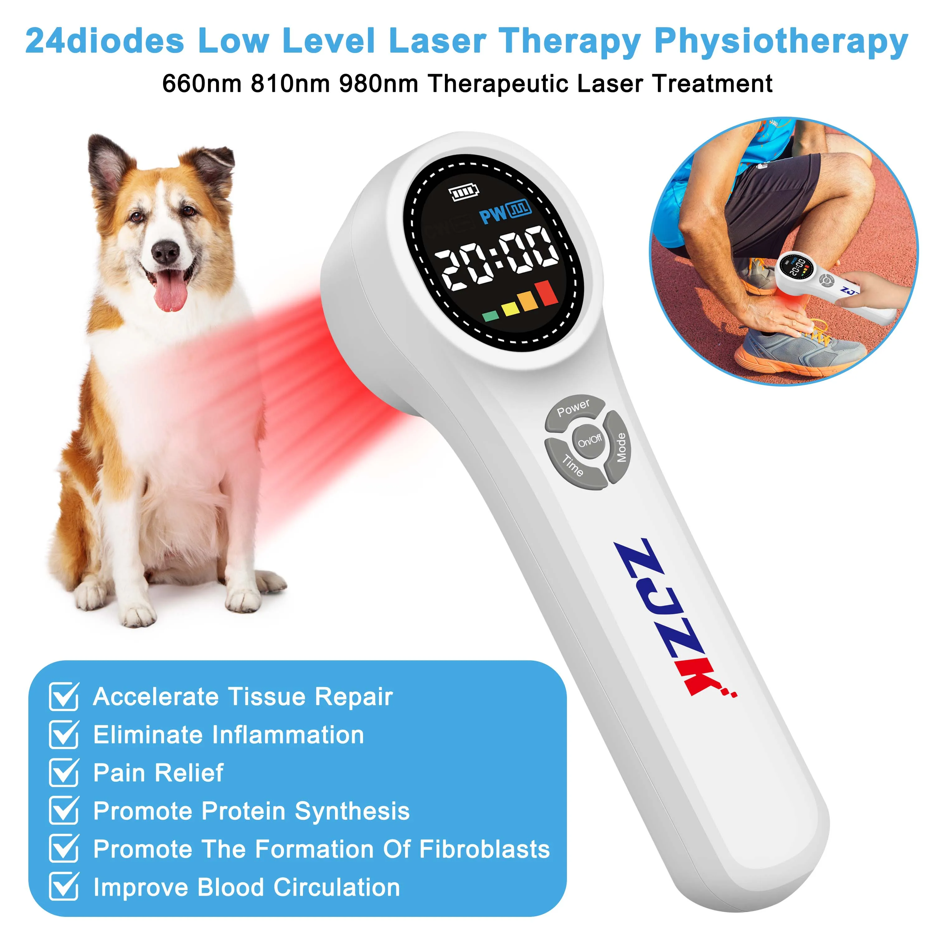 ZJZK Cold Laser Cost Therapy Device 660nmx16diodes Low Level 810nmx4diodes+980nmx4diodes For Plantar Fasciitis Arthritis