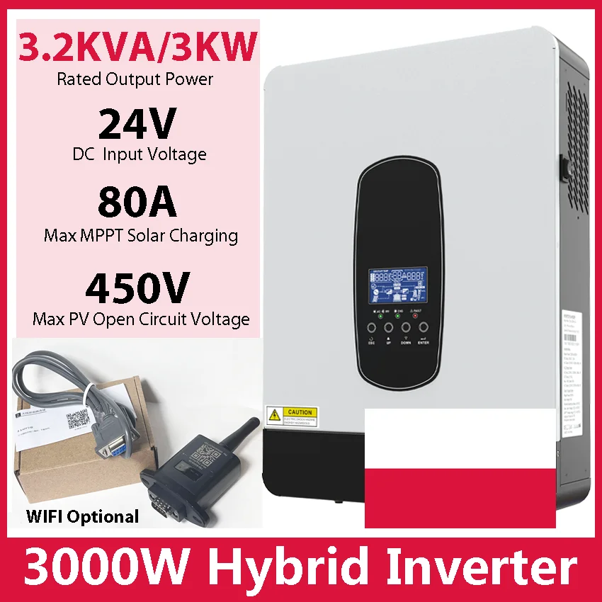 3000W Hybrid Inverter  Battery Voltage 24VDC Max 80A MPPT Solar Controller PV 450V Input With WIFI Optional Ship From Poland