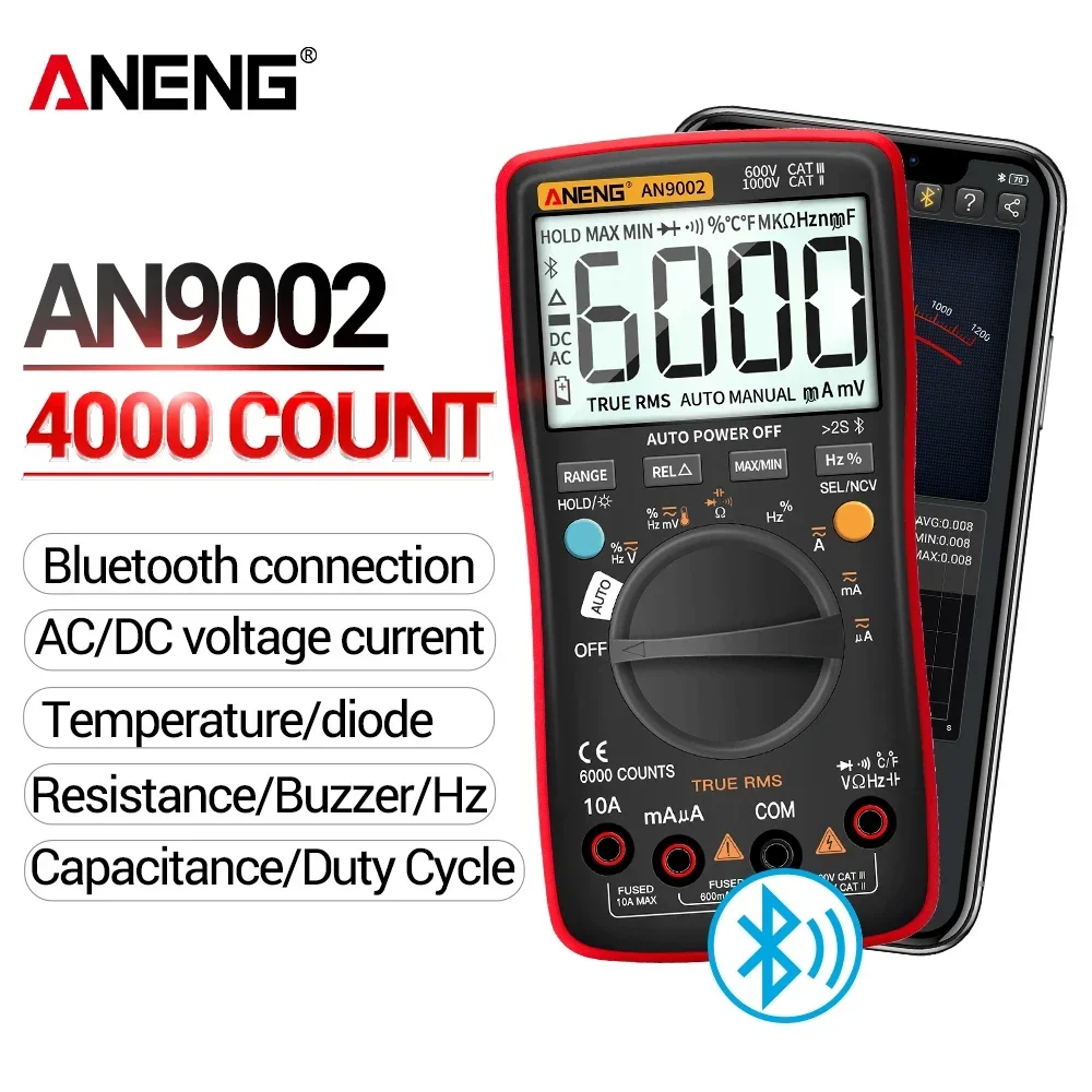 

ANENG AN9002 Bluetooth Digital Multimeter 6000 Counts Professional MultimetroTrue RMS AC/DC Current Voltage Tester Auto-Range