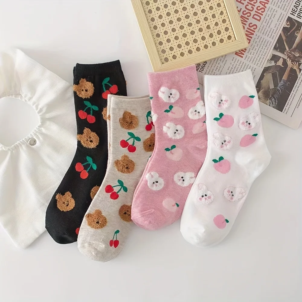 4 pairs of spring and summer soft cute girl long socks cute cartoon bear rabbit student female Korean version medium tube socks