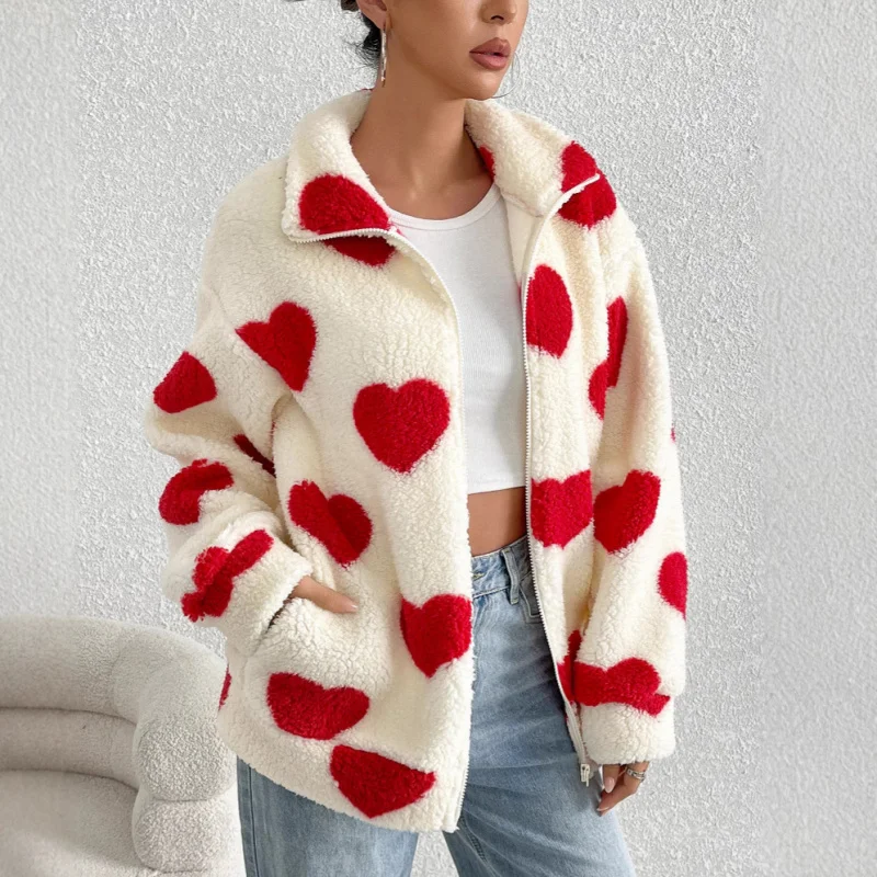 

Women's European and American Style Autumn Winter New Plush Heart Print Loose Long Sleeve Zipper Cardigan