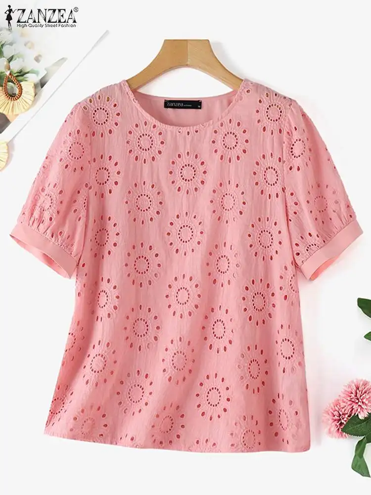 ZANZEA Casual Loose Holiday Tops Patchwork Solid Vintage Women Blusas Hollow Out Lace Elegant Short Sleeve 2024 Summer Blouses