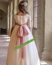 Half Sleeved Communion Dress with a Long Steam Skirt Square Collar Neckline Elegant Embroidery Pink Bow Minibride