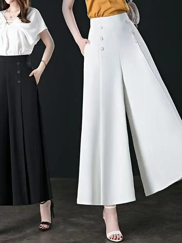 

Spring Summer plus Size Wide Leg Pants Skirt High Waist Elastic Waist Loose Fit Korean Style Polyester Fiber Breathable Skin-...
