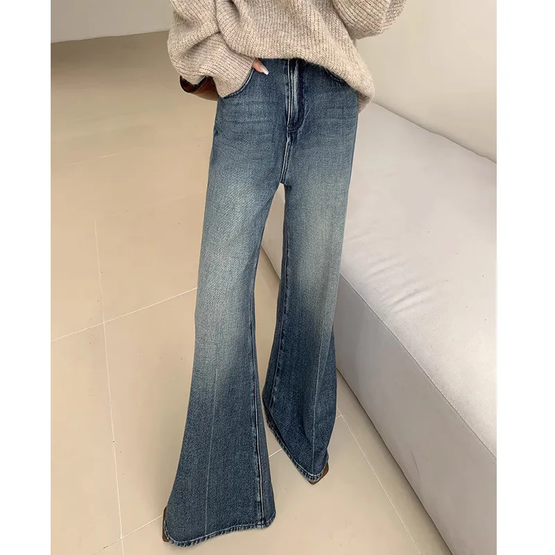 

Washed Distressed Wide Leg Jean Women Full Length Denim Pants Vintage Jeans Loose Pockets High Waist Solid Streetwear 2024