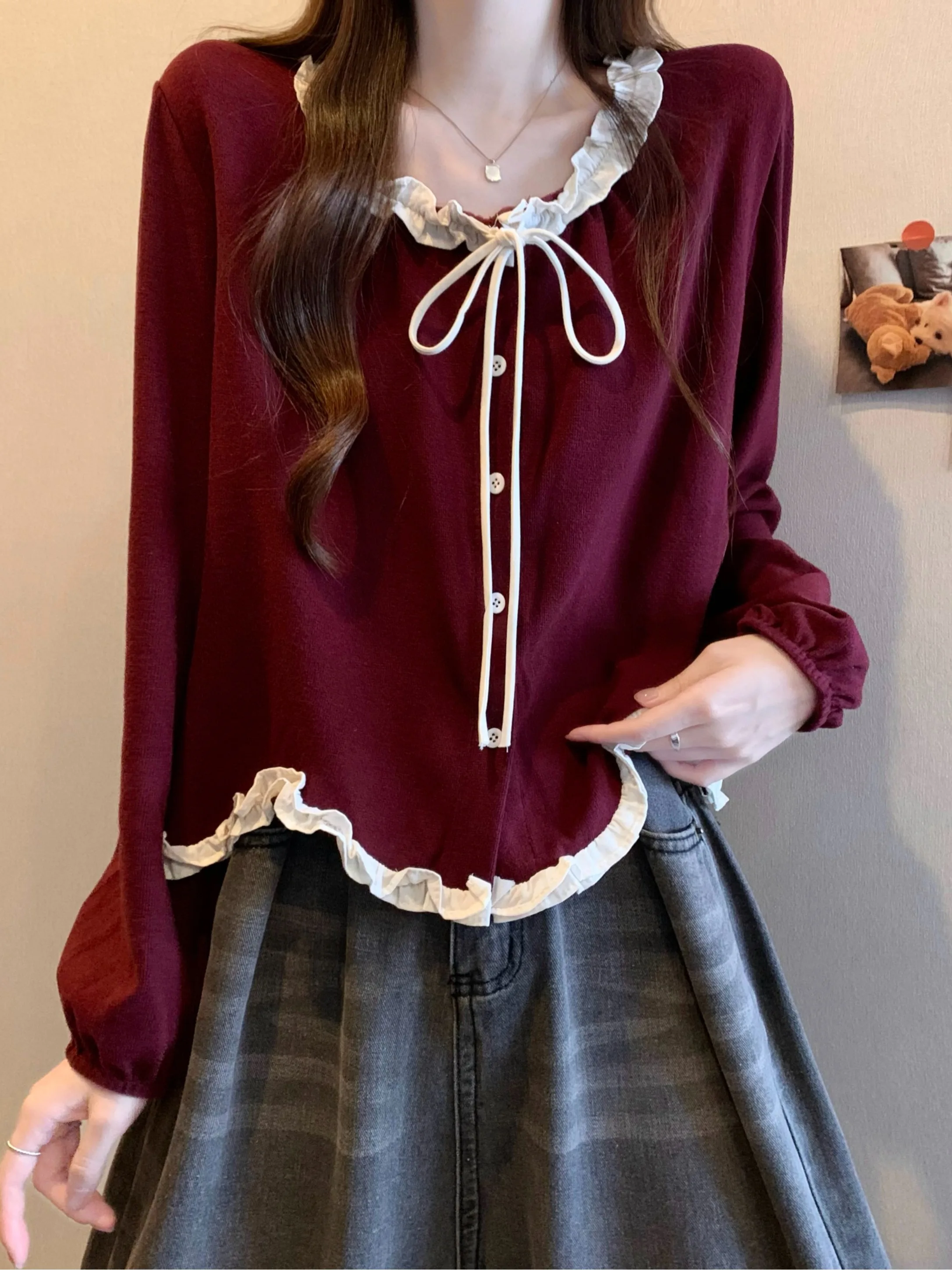 

Женский топ с завязками и деревянными узлами, цвет красный вишневый, весенняя новинка, свободный крой, для повседневной носки