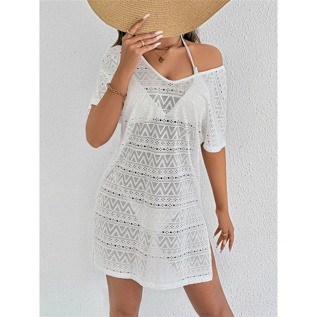 S - XL, V-Ausschnitt, kurze Ärmel, ausgestelltes, gestricktes Tunika-Oberteil, Strandkleid, Strandmode, Damen, V8214 – Detail 6