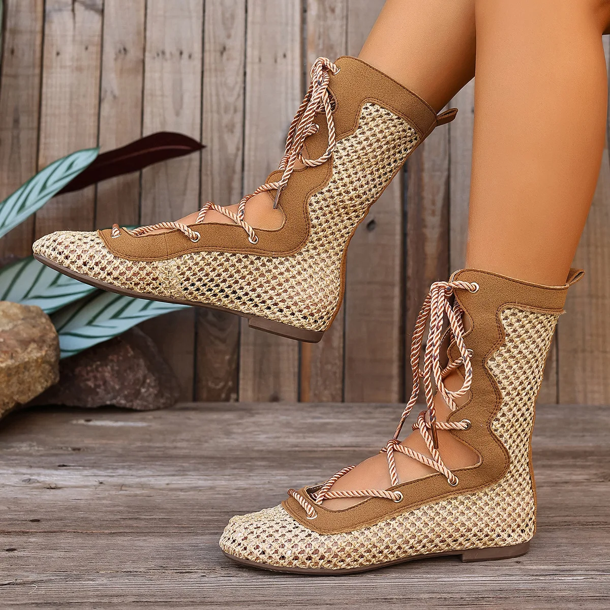 

Новые женские плоские ботильоны из тканой сетки на шнуровке, дышащие летние пляжные сандалии, повседневная обувь в богемном стиле, легкие, больших размеров 36-43