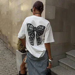 Cotton Mid Length Summer Tees Streetwear Plus Size T Shirt Women Harajuku BF Loose White Printed Short sleeve T Shirt Female