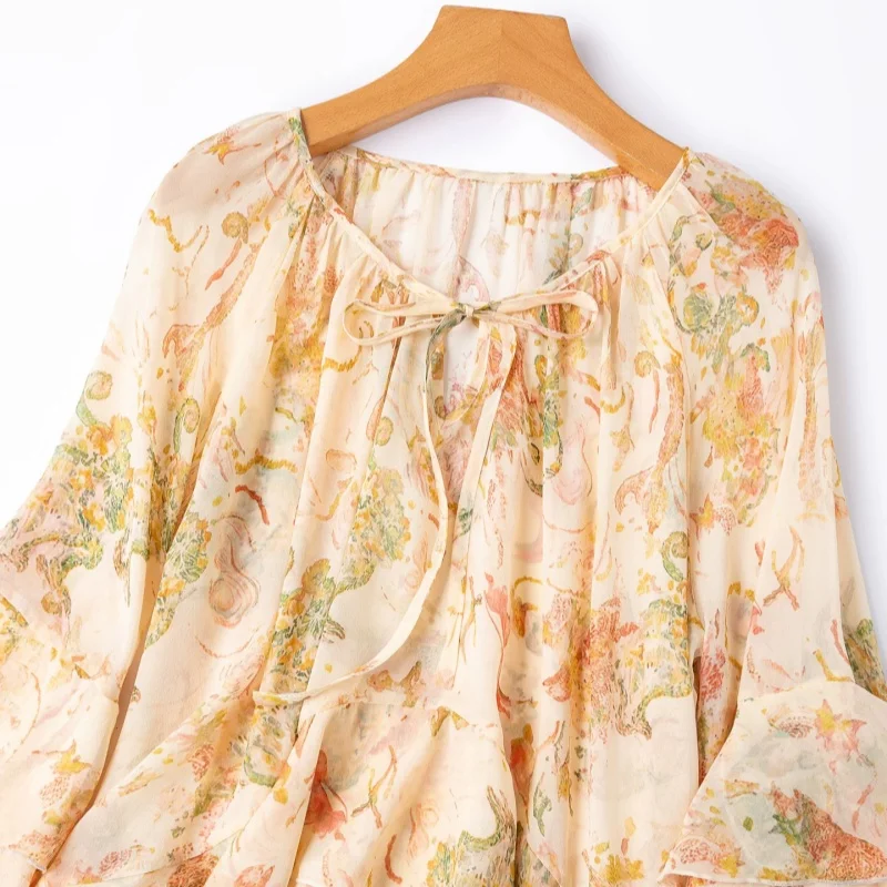 Birdtree, 100% Silk Sheer Blouse, Flare Sleeve O-neck, Women Georgette Ruffle Hem Sun Protection Tops, 2026 Summer New T66402JF