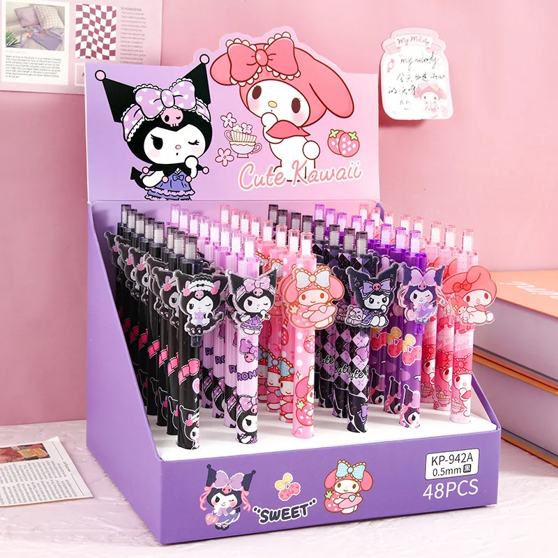 Imagem -02 - Sanrio Kawaii Gel Caneta 48 Peças Japonês Bonito Menina Coração Caneta dos Desenhos Animados Kuromi Melodia Escritório Caneta 0.5 Caneta Preta e Tinta Papelaria Presente