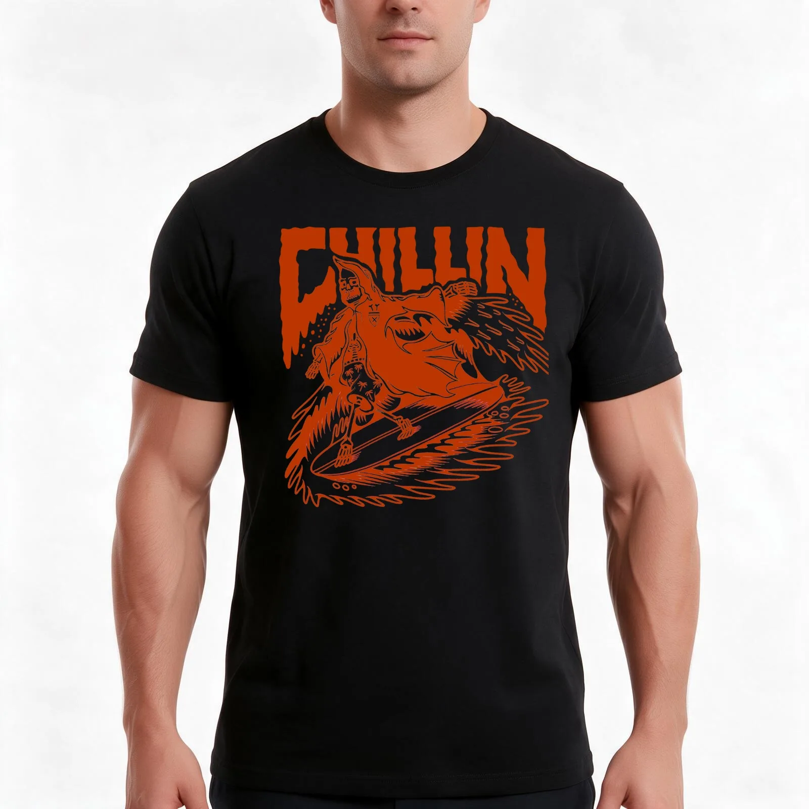 Surfing Reaper - Red version T-Shirt, Summer Casual Cotton Tee, Oversized Streetwear Tops, Vintage Graphic Print, 100% Cotton